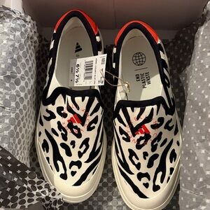 adidas White Slip-On Sneakers with Black Animal Print and Red Accents